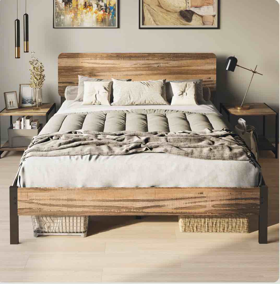 LIKIMIO Bed Frame with Headboard Rustic Brown size full 
