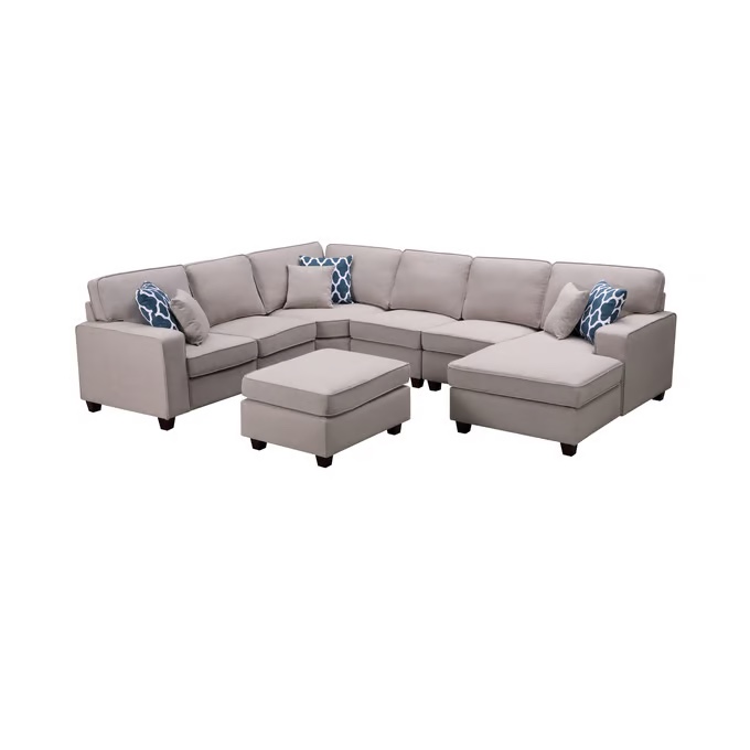 Lilola Home Willowleaf Light Gray Linen 7pc Sectional with Ottoman INCOMPLETE ( right armless chair only) 