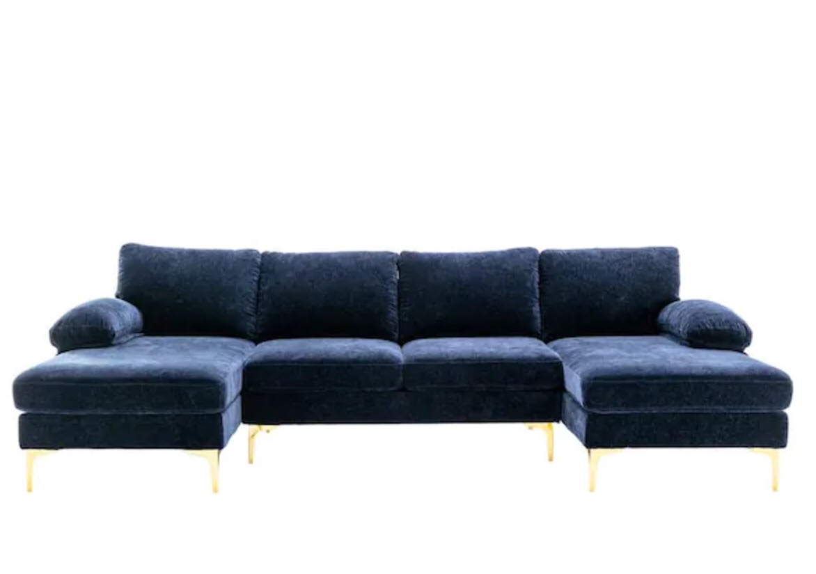 110 in W Navy Blue 4-piece U Shaped Fabric Modern Sectional Sofa with 2 Arms and Golden Metal Legs INCOMPLETE ( mix cushions and legs ) 