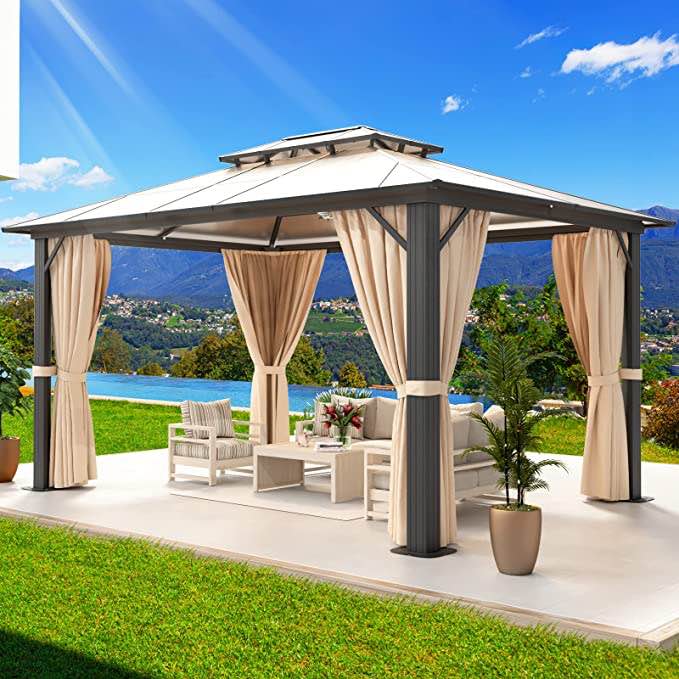 Aoxun Hardtop Gazebo, Outdoor Polycarbonate Double Roof Aluminum Furniture 10'x 13' Gazebo Canopy with Netting and Curtains (Incomplete, Box 1/2 Only)