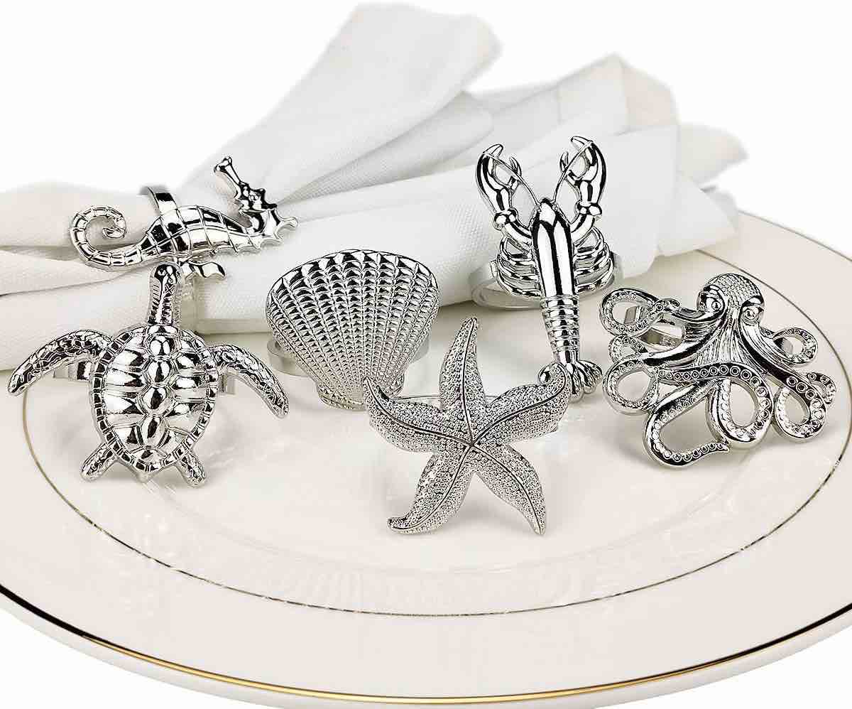 Assorted Ocean Style Napkin Ring Silver Nautical Serviette Rings for Home Décor Set of 6 