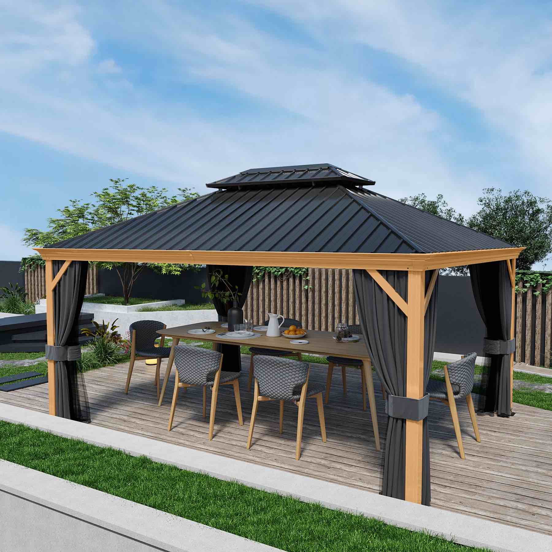HAPPATIO 12' x 16' Hardtop Gazebo, Outdoor Wood Grain Frame - Incomplete Box 3/4 