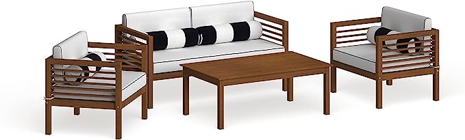 SAFAVIEH Outdoor Collection Alda Natural/ Beige Cushions/ Striped Bolster Pillows 4-Piece Conversation Patio Set