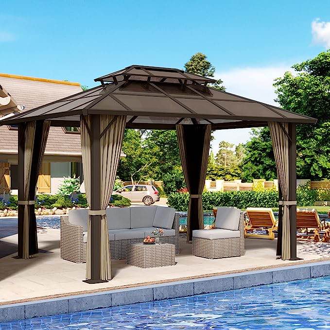 HAPPATIO 10'x 12' Hardtop Gazebo, Outdoor Polycarbonate Double Roof Aluminum Furniture Gazebo Canopy with Netting and Curtains for Backyard, Patio, Parties, Lawns (Brown) - Incomplete Box 1/3 