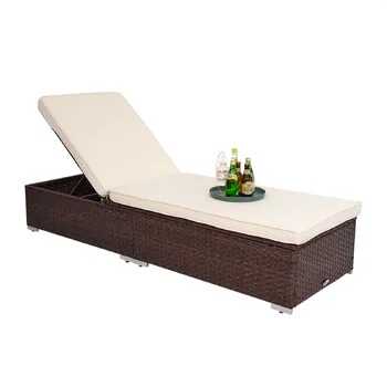 All Weather Brown Wicker Chaise Lounge-Ivory Cushion