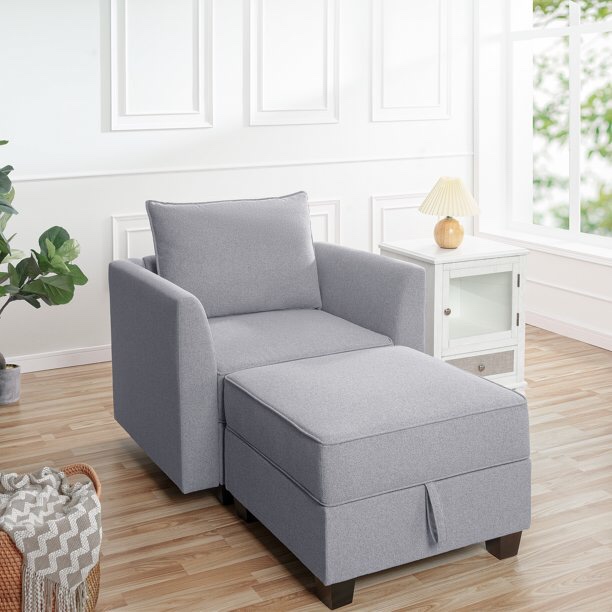 Naomi Home Elizabeth Modern DIY Collection - Convertible Modular Sectional Sofa - Ultimate Sofa Experience - Linen Sofa Couch for Living Room, Apartment, Office - Accent Chair with Ottoman - Gray (INCOMPLETE-OTTOMAN+ONE CHAIR ARM ONLY) 