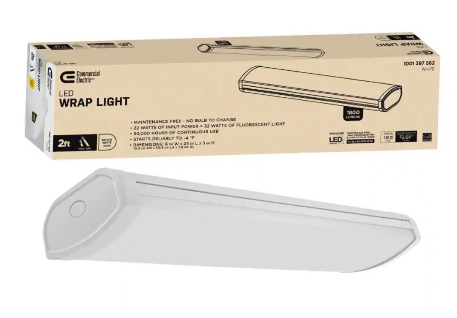 2 ft. 1800 Lumens LED Wraparound Ceiling Light Closet Garage Light Shop Light 4000K Bright White 120v Hardwire by Commercial Electric