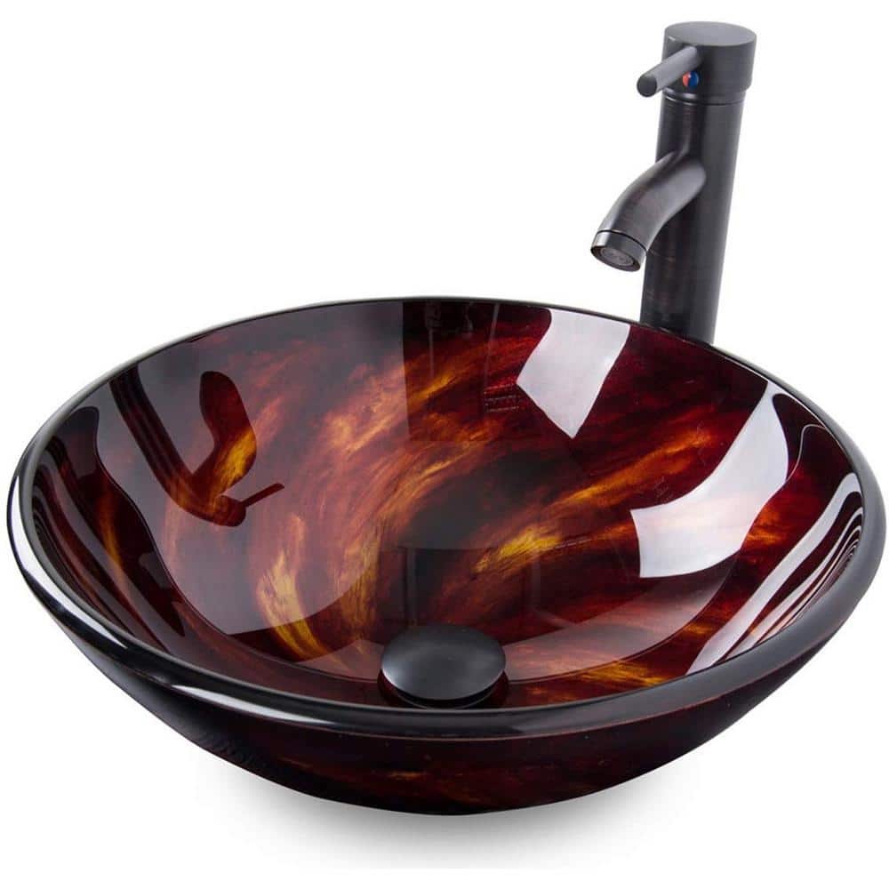Glass Round Vessel Sink in Red with Hand-Painted Pattern by Puluomis