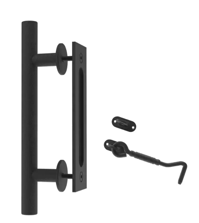 12 in. Round Matte Black Interior/Exterior Barn Door Handle with Latch Lock by Movisa 