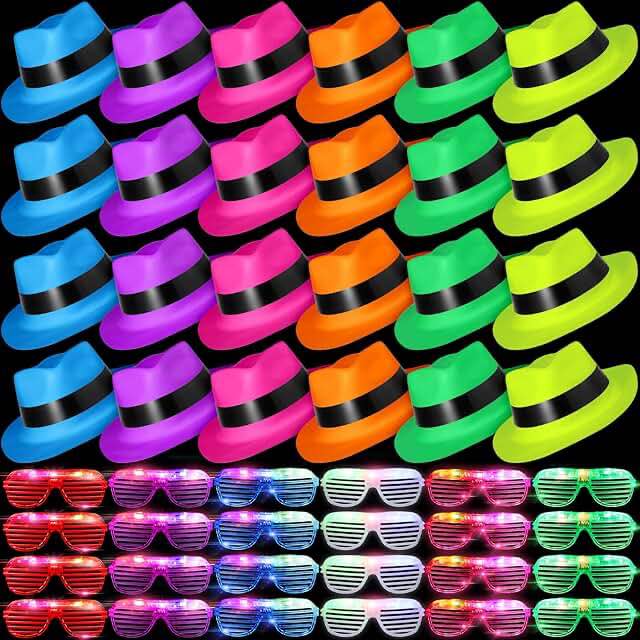 48 Pieces Neon Party Supples 24 Pack Neon Style Gangster Fedor Dress Hats With 24 Pack Flashing Plastic Glasses