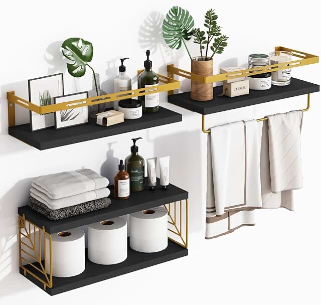 Fixwal 3+1 Tier Wall Mounted Bathroom Shelves Over Toilet Rustic Black And Gold