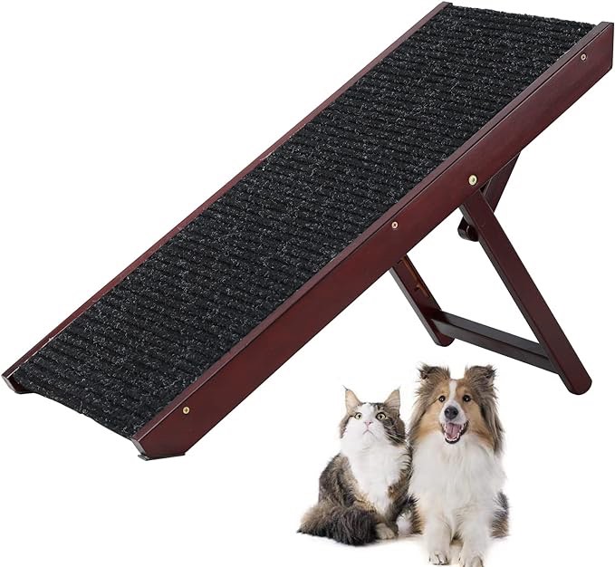 Endark Folding Dog Ramp for Bed, Car Ramp, Portable Pet Ramp with Non-Slip Surface, Dog Stairs, Cat Ramp, 4 Levels Height Adjustable Pet Ramp from 9.64" to 18.9", Wooden Dog Ramp for Bed/Car Use