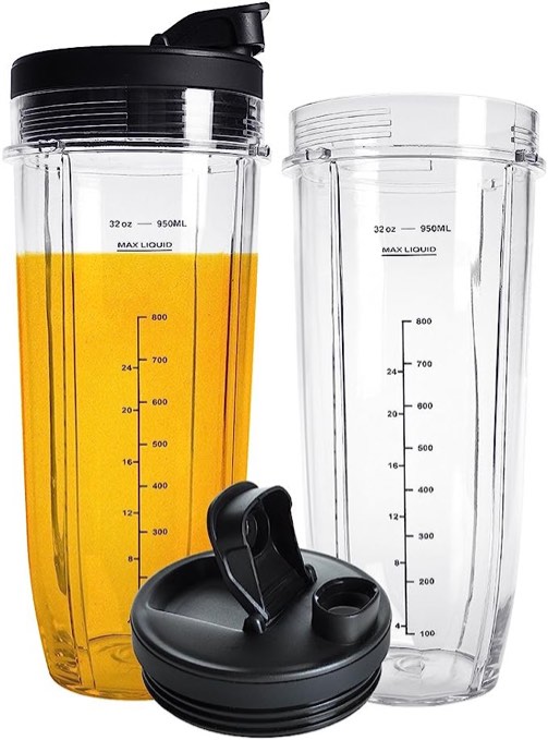 Nutri Ninja 32OZ Replacement Cups,QT 2Packs Nutri Ninja Replacement Cups With Sip & Seal Lids,950ML(32oz) Measuring Scale Cup Mug, FIT FOR Nutri Ninja Auto IQ Series Blenders (Renewed)
