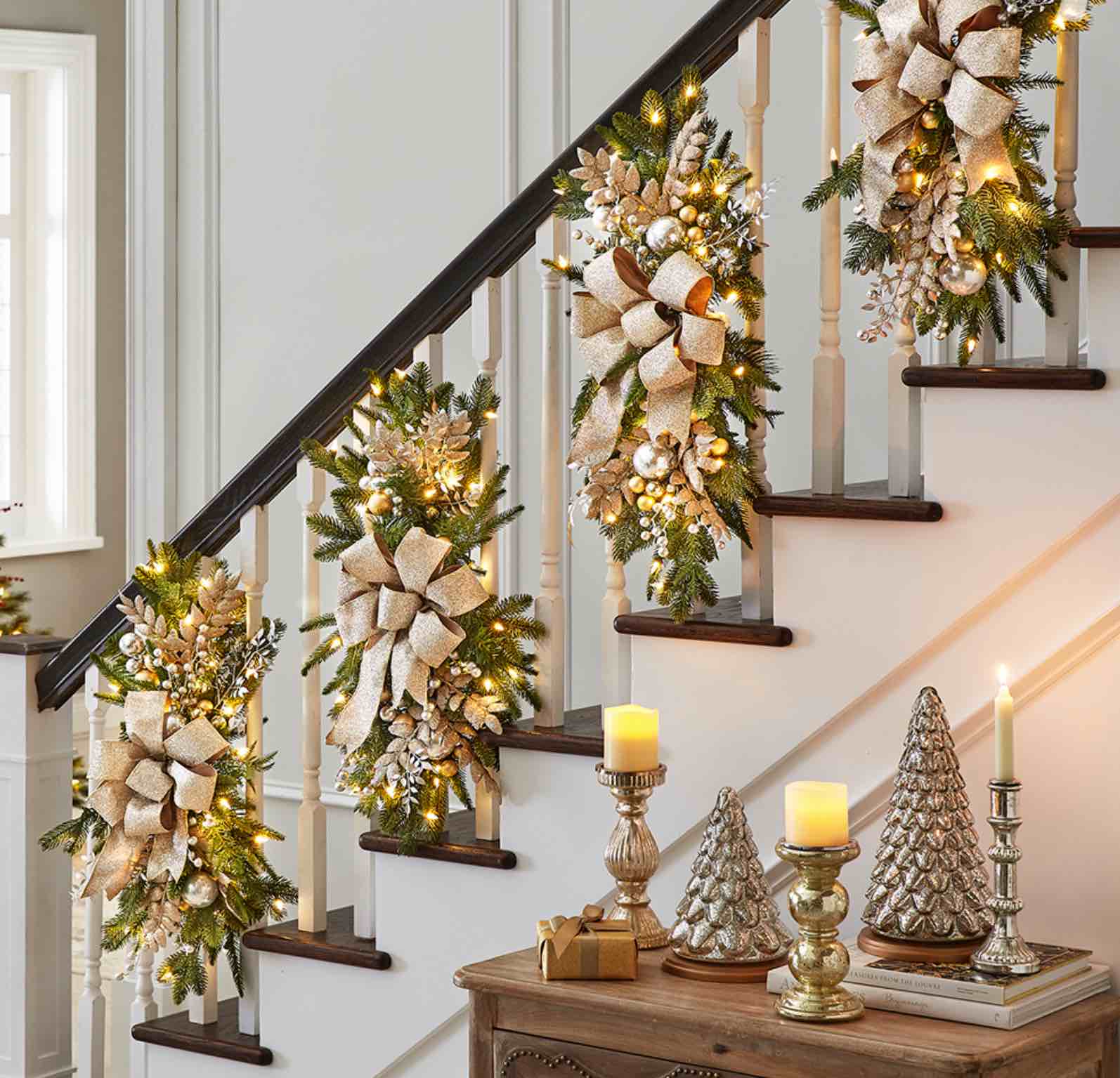 The Cordless Prelit Silver And Champagne Stairway Swag