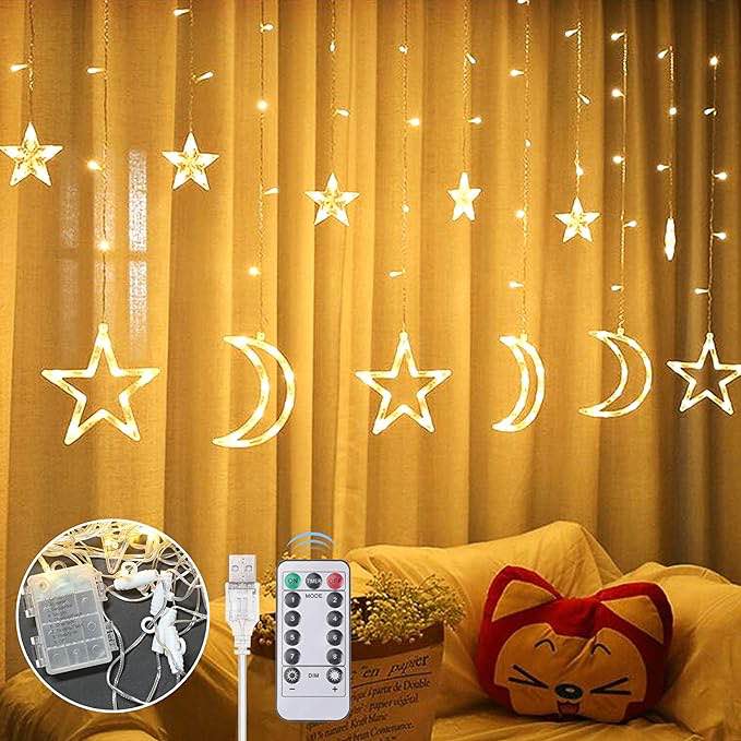 Anpro Star Curtain String Lights - 138 Pcs Stars Moon LED Window Lights with 8 Lighting Modes Fairy Lights with USB Remote Control, for Valentine's Day, Bedroom, Weddings, Party, Christmas Decor