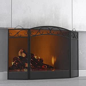 Fire Beauty Fireplace Screen 3 Panel with Handles Wrought Iron 51"(L) x31(H) Spark Guard Cover(Sanded Black)