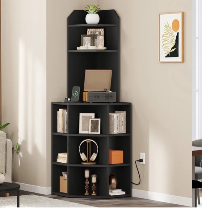 6 Tier Corner Bookshelf Wooden display bookcase with storage cabinet in black 