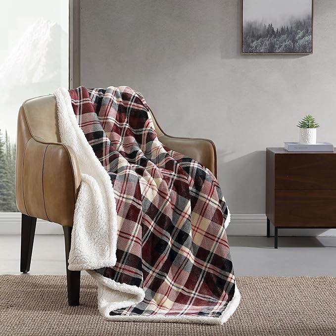 Eddie Bauer- Throw Blanket, Reversible Sherpa Fleece Bedding, Home Decor for All Seasons (Trailhead Plaid Red, Throw)