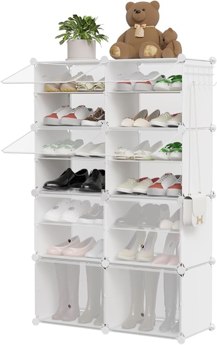OneLeaf Shoe Rack Organizer, 8 Tiers Plastic Shoe Storage Organizer Cabinet for Closet, 32 Pair Portable Shoe Rack Organizer with Doors for Closet Hallway Bedroom Entryway,White