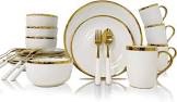 AXYWINBO White and Gold Dinnerware Set, 24-Piece White Dinnerware Set for 4, Modern Porcelain Dish Set included Dinner and Dessert Plates Bowls Fork Spoons Mugs for Wedding and Housewarming Gifts