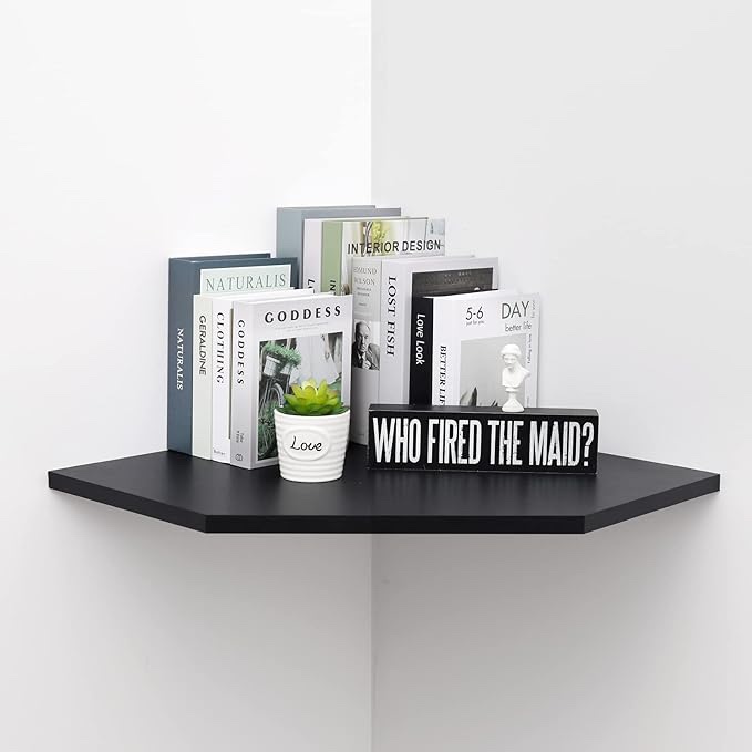 JOLLYMER 20-Inch Black Floating Corner Shelf, Pentagon Corner Wall Shelf with Wire Cable Hole for Bedroom, Living Room, Bathroom, Large Display Shelf for Cable Boxes/Games Consoles/TV Accessories