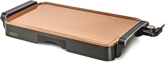 Crux Electric Griddle with Copper Ceramic Coating, Heat Resistant Handles, Dip Tray Make up to 15 Eggs or Pancakes, Matte Black and Copper Titanium, Extra Large,  ( missing cord ) 