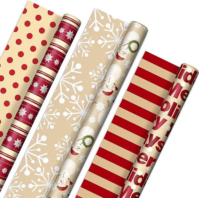 Hallmark Reversible Christmas Wrapping Paper (3 Rolls: 120 sq. ft. ttl) "Merry Holidays," Snowflakes, Snowmen, Red Stripes