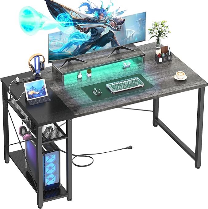 Besiost 39.4 Gaming Desk with LED,  Computer Desk with Outlets, Small Desk for Small Space, Simple Study Student Writing Desk with Monitor Stand, Laptop Table for Home Office, Grey and Black