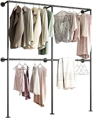 BOSURU Industrial Pipe Clothing Rack Wall Mounted,Clothes Racks with Double Hanging Rods for Closet Storage(Black)