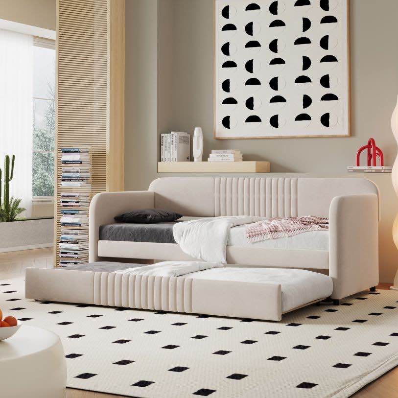 (incomplete box 1of2)Upholstered Daybed Sofa Bed Twin w/ Trundle Bed & Wood Slat, Beige 