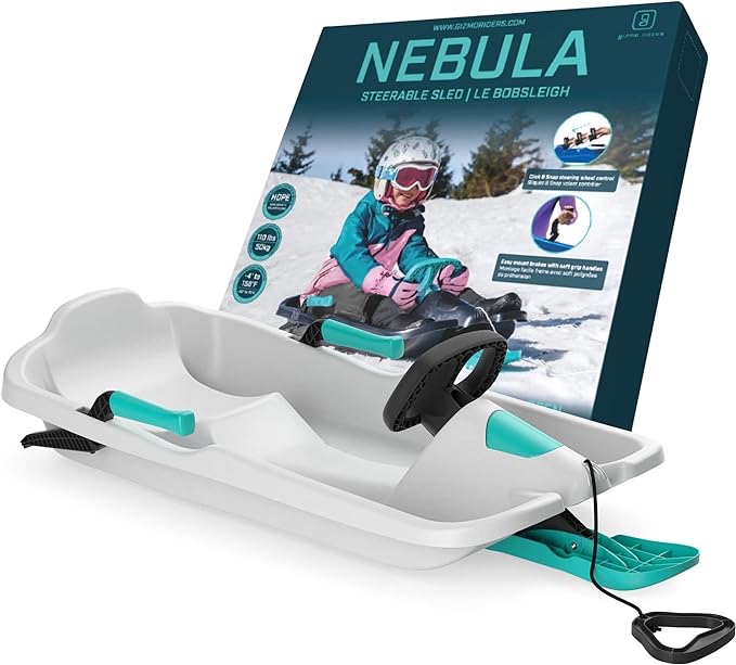Gizmo Riders Nebula Snow Sled for Kids, Bobsled with Wheel and Brakes for Ages 3 and Up, Snap Together Assembly, Weight Capacity 110 lbs