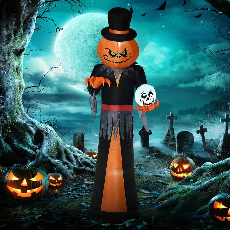 HOMCOM 12ft Halloween Inflatables Outdoor Decorations, Pumpkin Reaper with Skeleton Skull, Outdoor Giant Blow Up Yard Decor with Build-in LED for Garden, Lawn, Party, Holiday