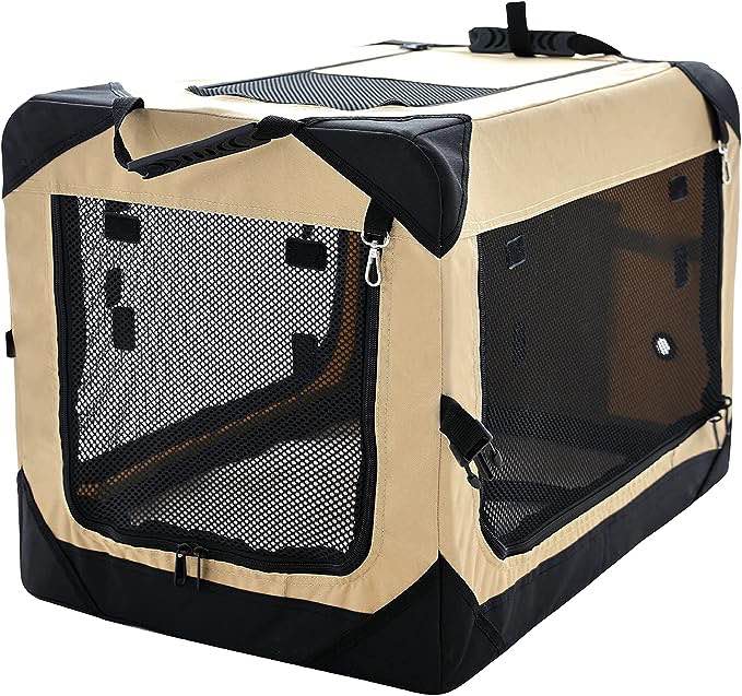 Pettycare 20 Inch Collapsible Dog Crate for Small Dogs, 4-Door Foldable Soft Dog Kennel with Chew Proof Mesh Windows, Indoor & Outdoor Travel Dog Crate, Soft Side Dog Crate,Beige