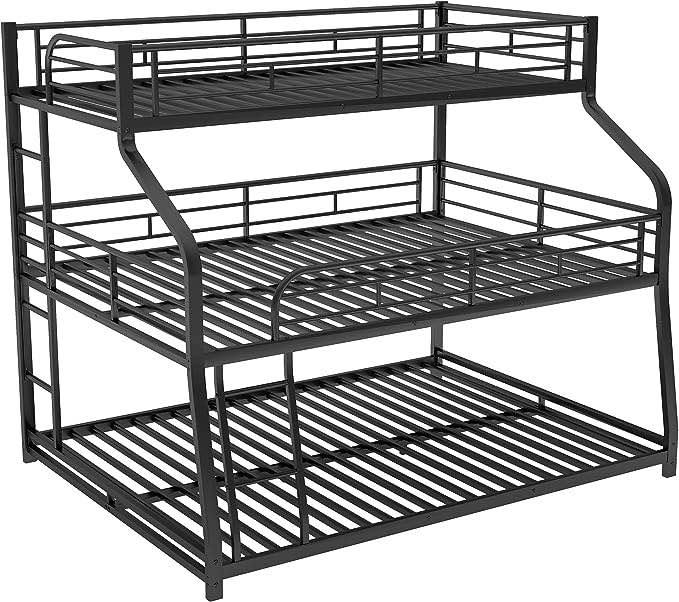 (incomplete Box 3 of 3) BIADNBZ Metal Full-Over-Full & Full Triple Bunk Bed with Ladders and Slide for Kids Teens, 3 in 1 Triple-Bunkbeds, Divided into Platform Beds,White