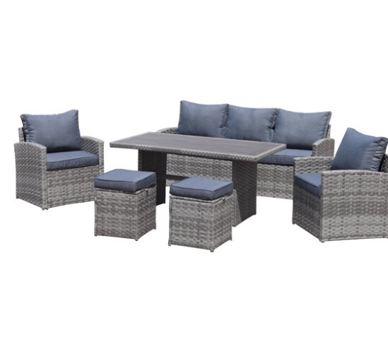 (incomplete Box 3/3) 6-Piece Outdoor PE Rattan Sofa Set Patio Garden Wicker Dining and Coffee Sofa-Grey