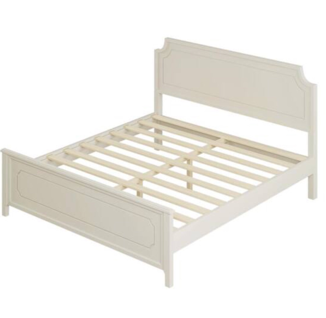 (incomplete Box 2/2) Milky White Wood Frame King Size Solid Rubber Wood Platform Bed