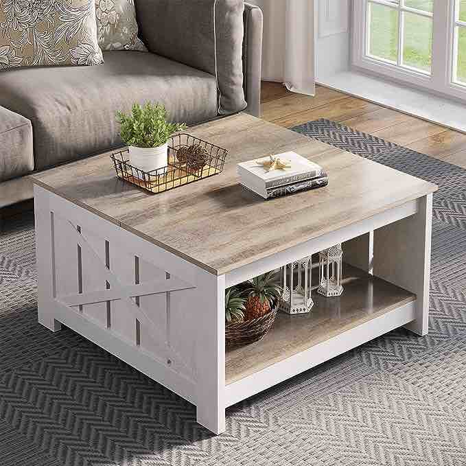 YITAHOME Coffee Table with Storage,Square Wood Modern Rustic Coffe Table for Living Room,Farmhouse Grey Wash Coffee Table,Coffee Table for Living Room with Half Open Storage Compartment