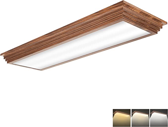 FAITHSAIL 4FT LED Light Fixture with 3000K/4000K/5000K CCT Selectable Dimmable 2 Foot LED Linear with Wooden Look 30W 3300LM Flush Mount Ceiling LED Wraparound for Kitchen, Bedroom, Laundry, 1Pack