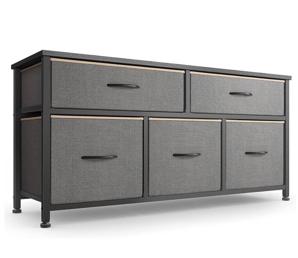 CubiCubi Dresser for Bedroom, Tall Wide Storage Organizer 5 Drawer Dresser for Bedroom Hallway, Sturdy Steel Frame Wood Top, Dark Grey with Light Tan Edging