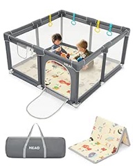 HEAO Baby Playpen with Mat - Large Baby Playard - Baby Play Pen for Babies and Toddlers, Collapsible Play Yard for Infants, Baby gate playpen, Baby Play pin for Indoor & Outdoor, Dark Grey