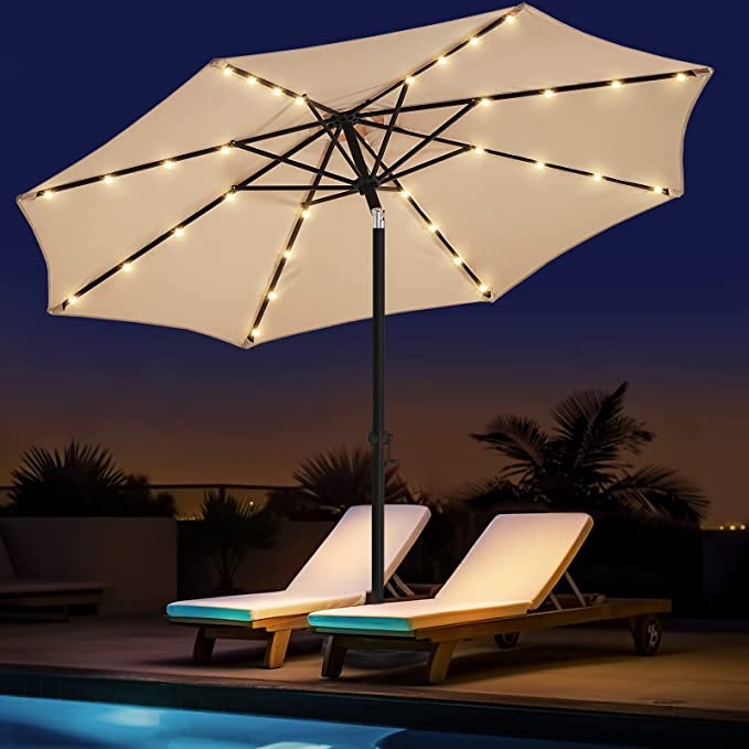 Wikiwiki 10 FT Solar Patio Umbrellas Led Outdoor Table Market Umbrella with 32 Lights Push Button Tilt/Crank,8 Sturdy Ribs, Fade Resistant Waterproof RECYCLED FABRIC Canopy for Garden, Lawn, Deck, Backyard & Pool(Navy Blue)