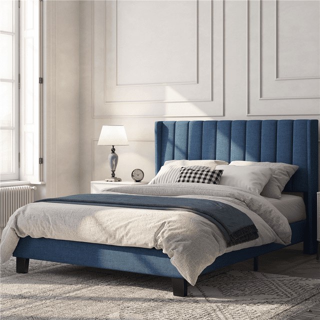 Yaheetech Queen Size Upholstered Wingback Platform Bed with Support and Mattress Foundation, Navy Blue