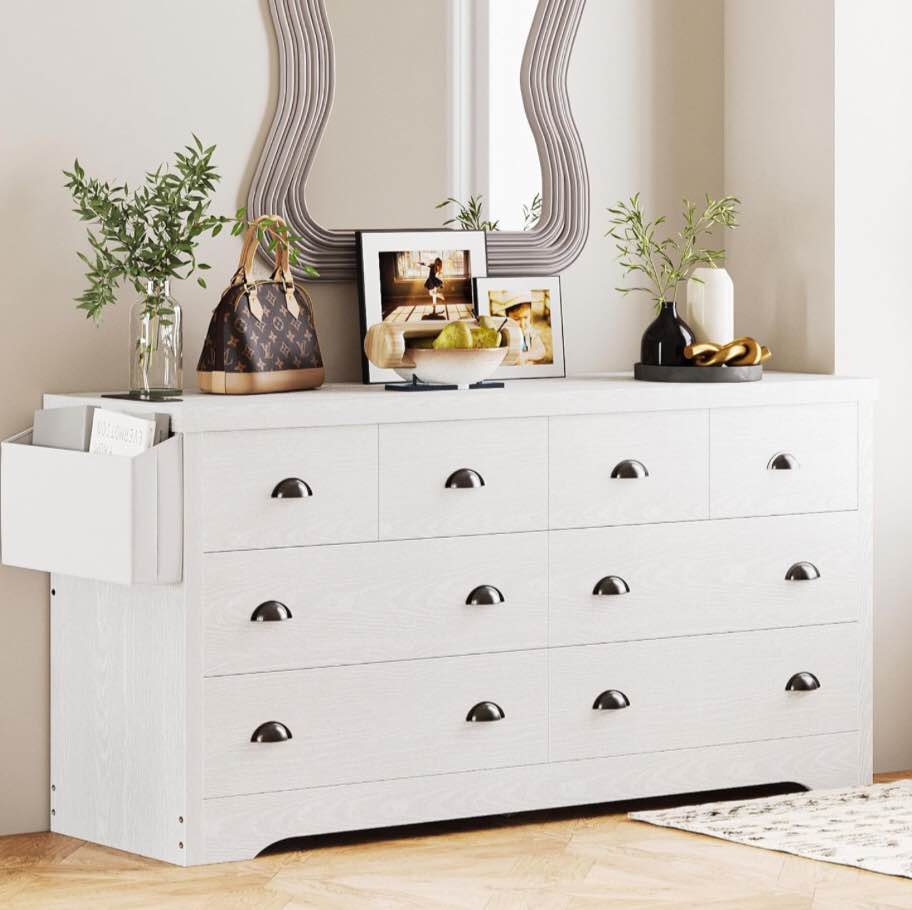 LIKIMIO Dresser 8 Drawer, Modern Wood Bedroom Dresser with with Charging Station and Storage Bag, Storage Chest of Drawers for Living Room Hallway Entryway, White