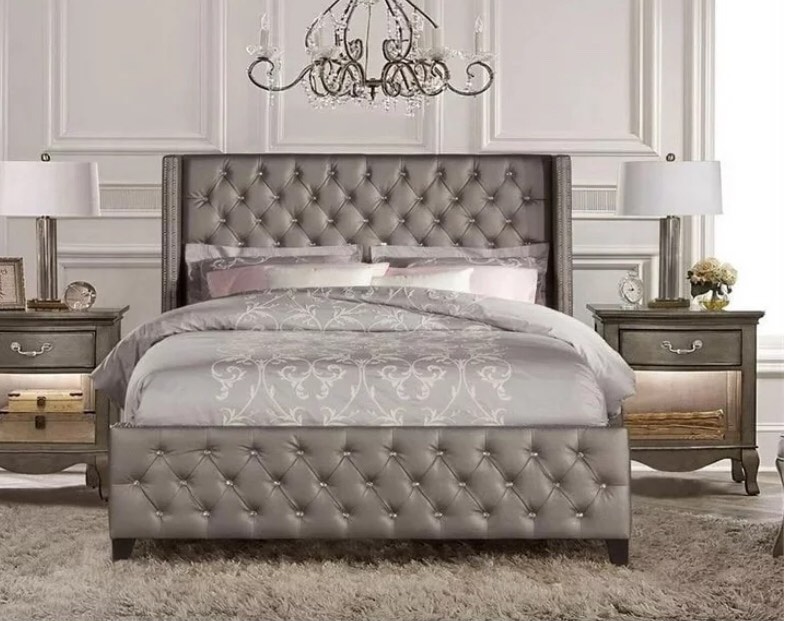 Altin Designs king Size Faux Leather Upholstered Panel Bed with Deep Button Tufting and Tall Wingback Headboard in Gray Color