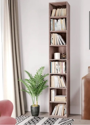Homfa Narrow Bookcase with 8 Shelves, CD DVD Media Storage Cubes , Dark Oak