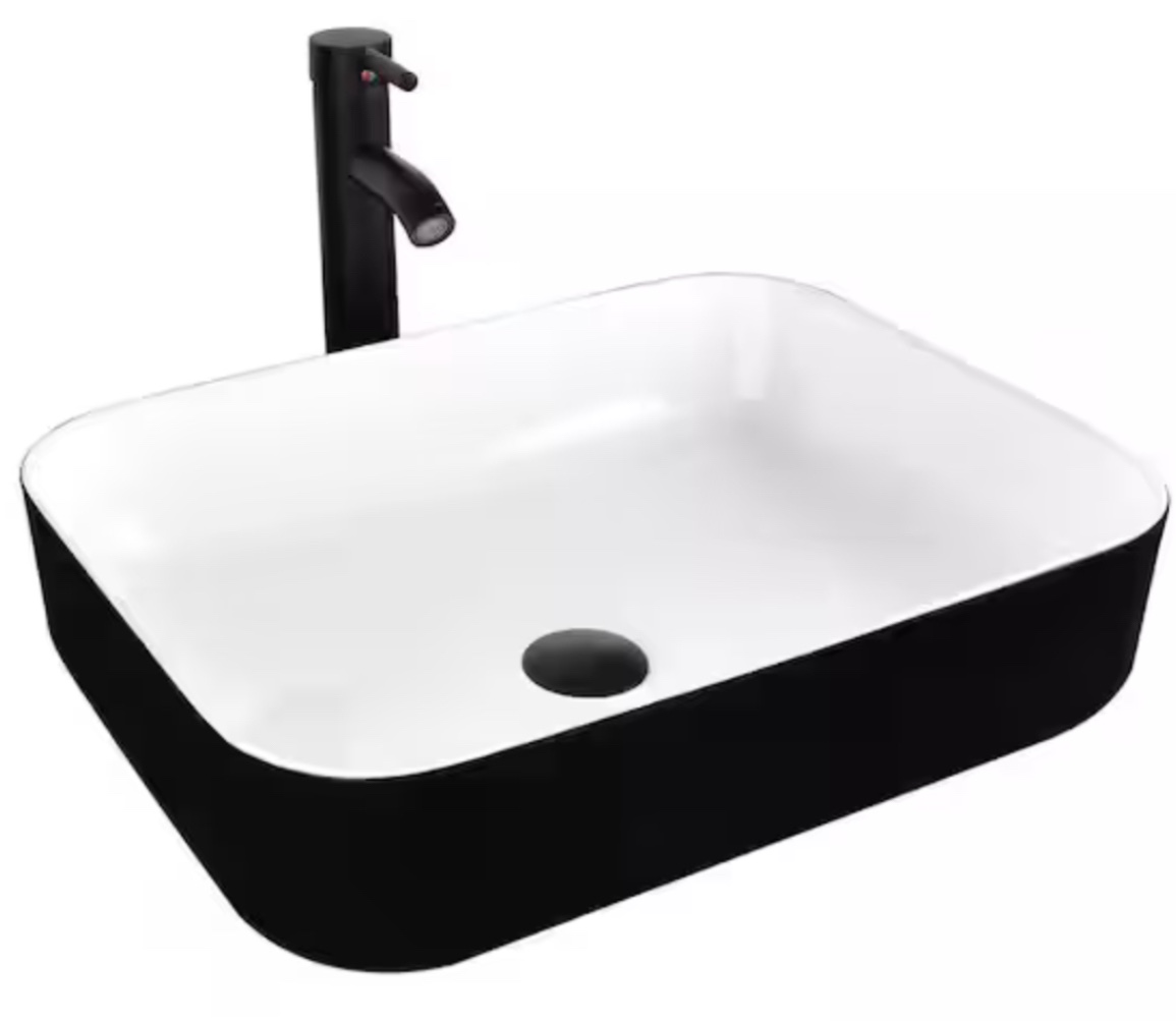 Black Ceramic Rectangular Vessel Sink with Black Faucet