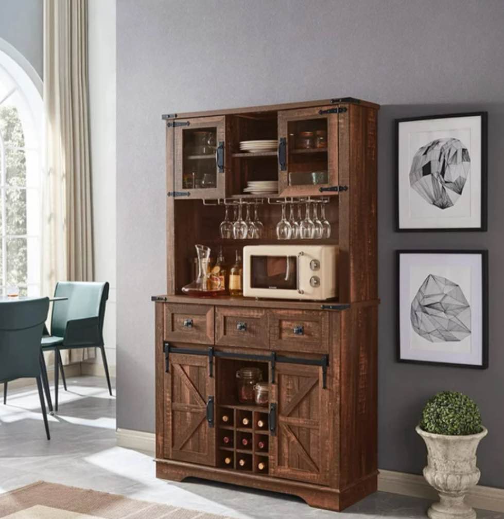 OKD Wood Bar Kitchen Pantry Storage Cabinet with Wine and Glass Rack, Drawers, Adjustable Shelves (Reclaimed Barnwood)(incomplete box a)