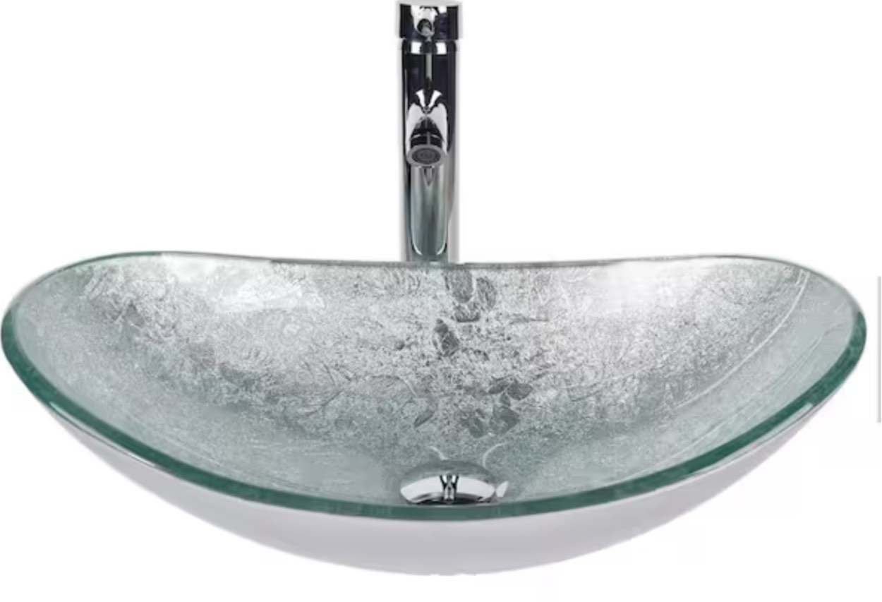 Silver Foil Undertone Glass Oval Vessel Sink with Chrome Faucet