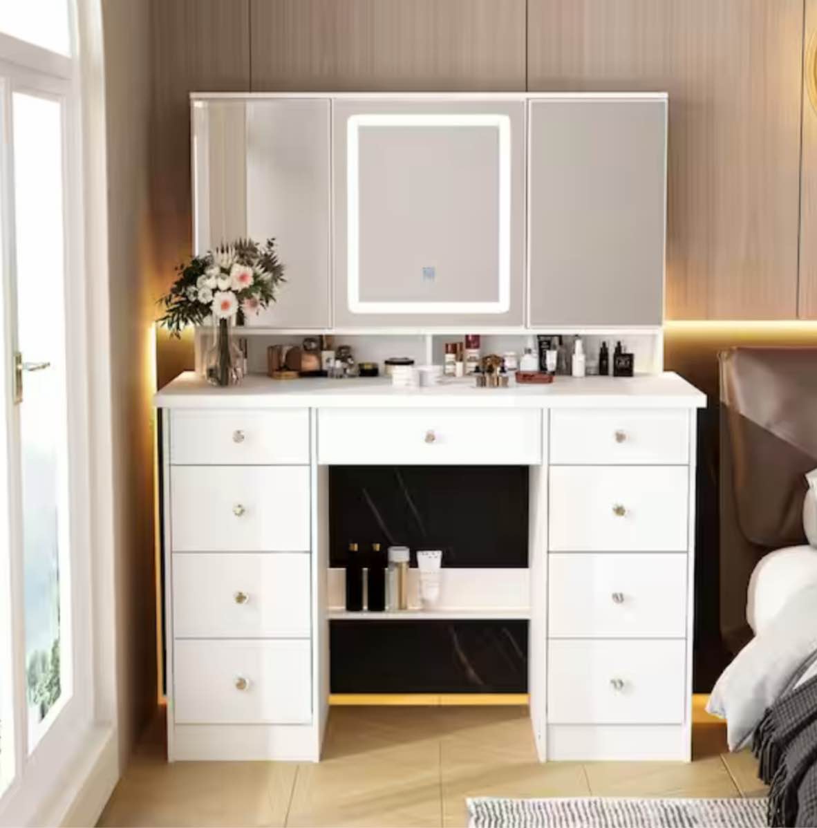 White Modern Makeup Vanity Desk 9 Drawers Wood Dressing Table With 3 Mirrors, Hidden Storage Shelves, LED Lighted(incomplete box 1/2)
