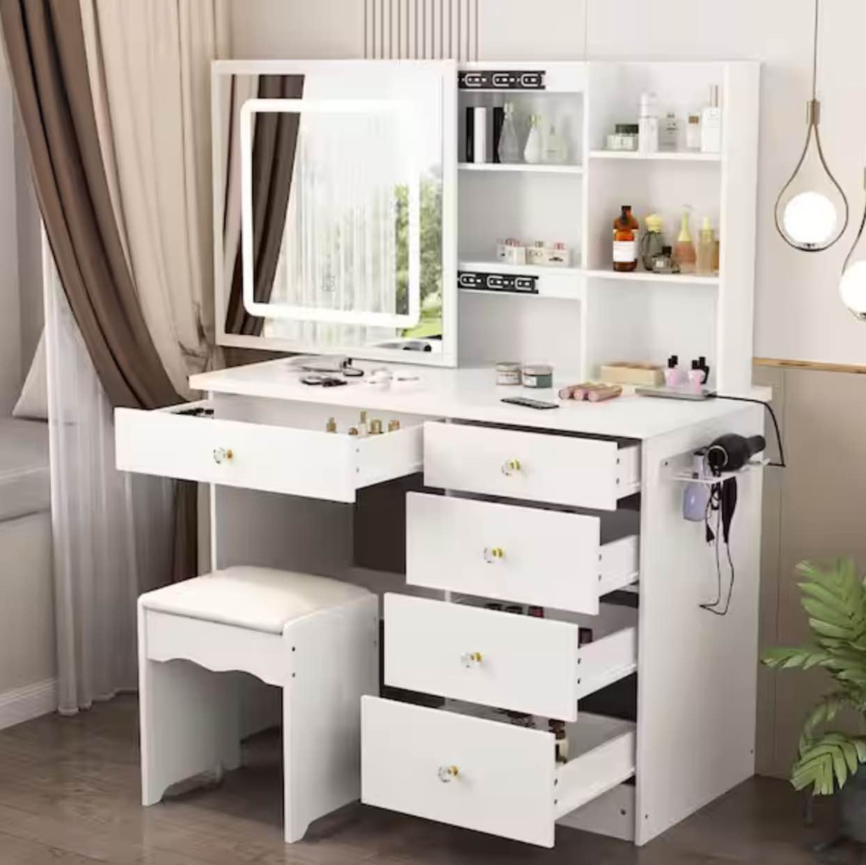 White Makeup Vanity Set Dressing Table with Sliding LED Lighted Mirror Power Strip and Hair Dryer Holder, Drawers, Stool(incomplete box 2/2)